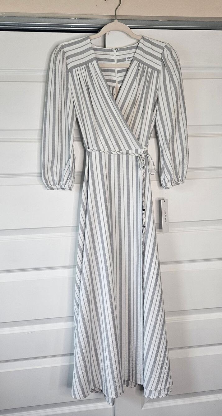 NWT Calvin Klein Striped Faux-Wrap Maxi Dress Size 4